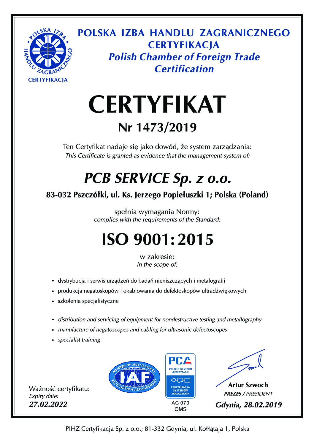 Certyfikat ISO 9001: 2015
