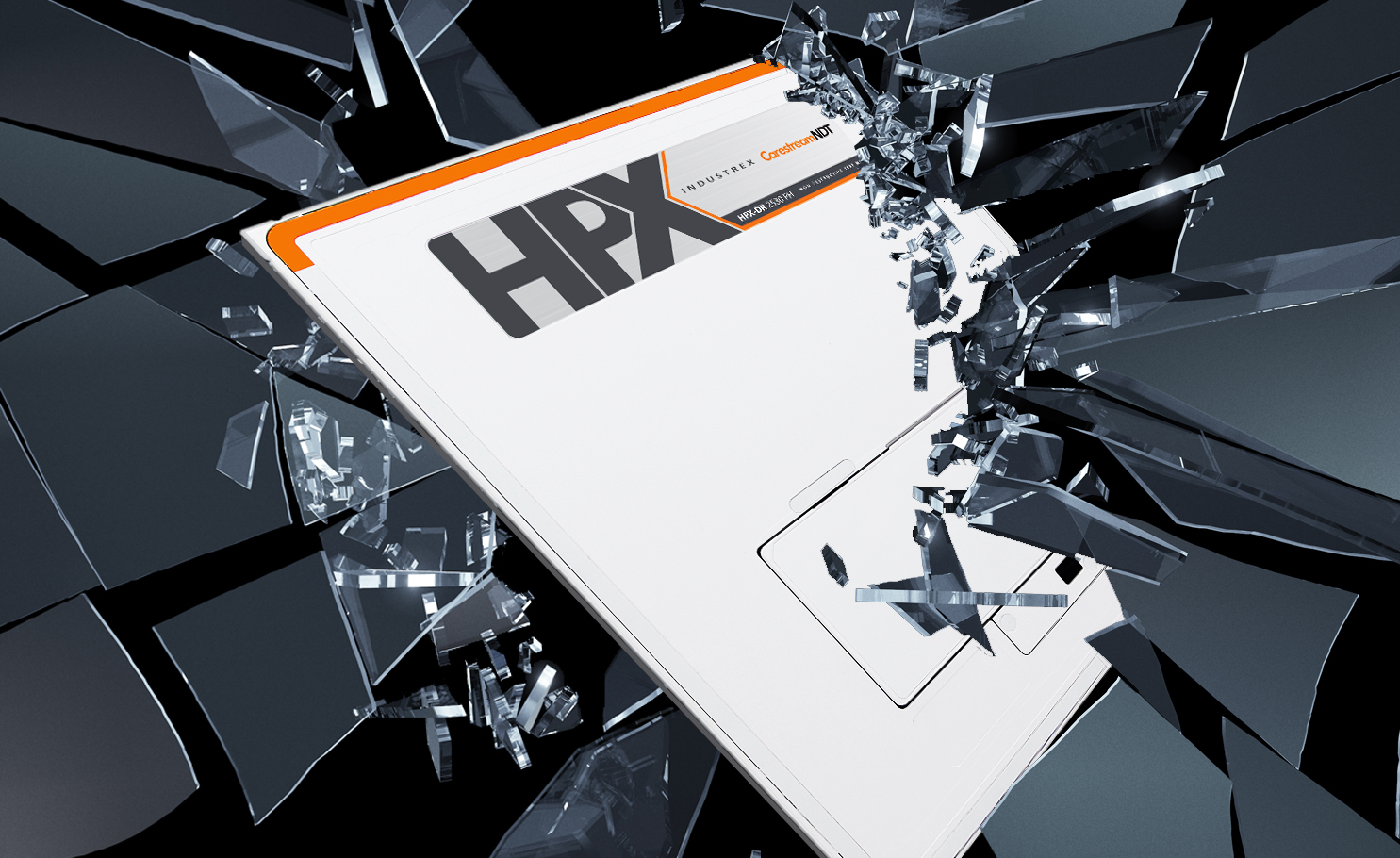 Shattering cracked glass on black background. 3D generated image.